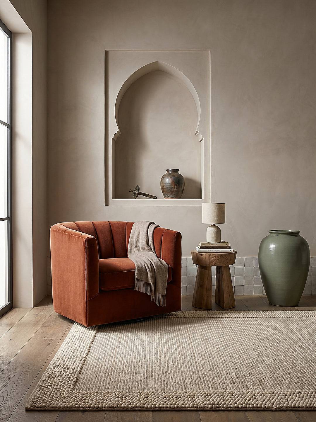Teppich Beige-Natur rechteckig im Wohnzimmer mit Couchtisch und Wohnaccessoires Wohnidee skandinavisch modern_