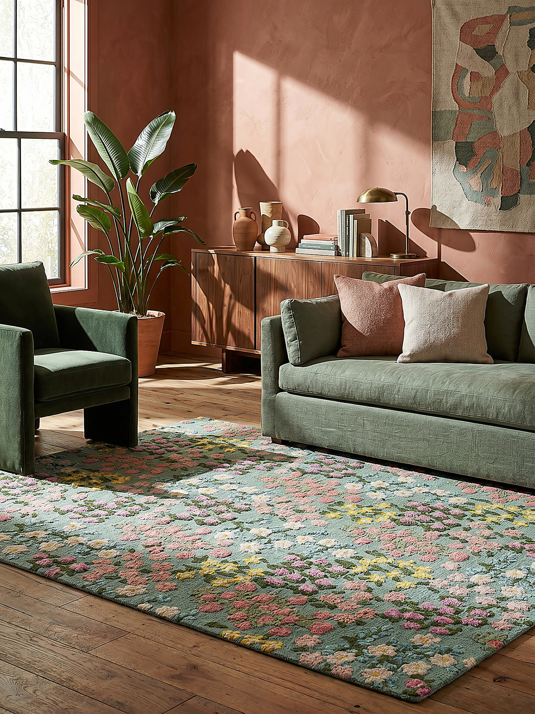 Teppich Multicolor-Grün rechteckig als Wandteppich Wanddekoration Textilkunst Interior Design_