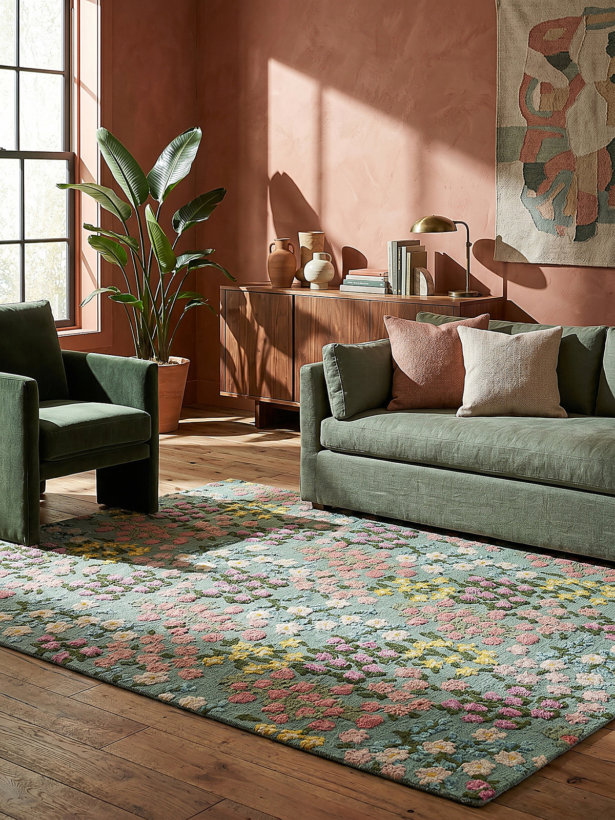 Teppich Multicolor-Grün rechteckig als Wandteppich Wanddekoration Textilkunst Interior Design_