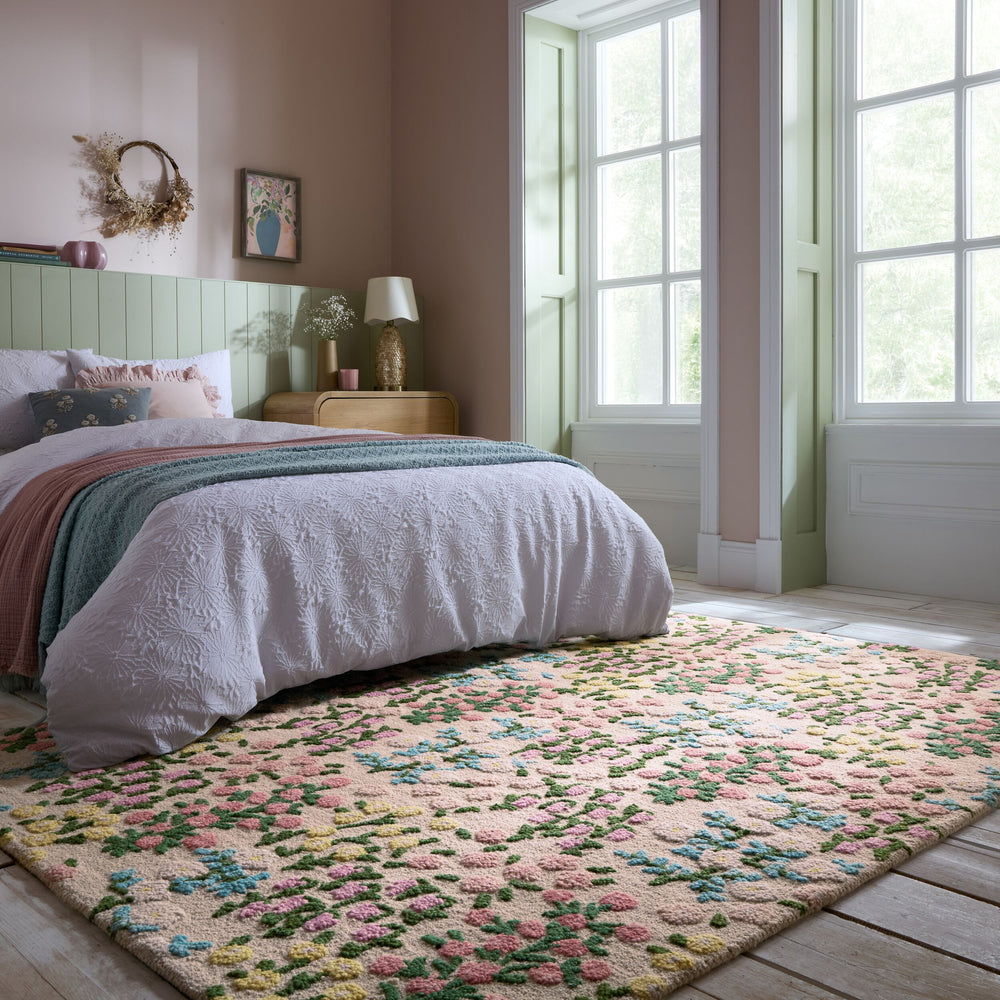 Wollteppich Floral Muster - Naturmotive - Schlafzimmer_Multicolor-Rosa_Rechteckig_