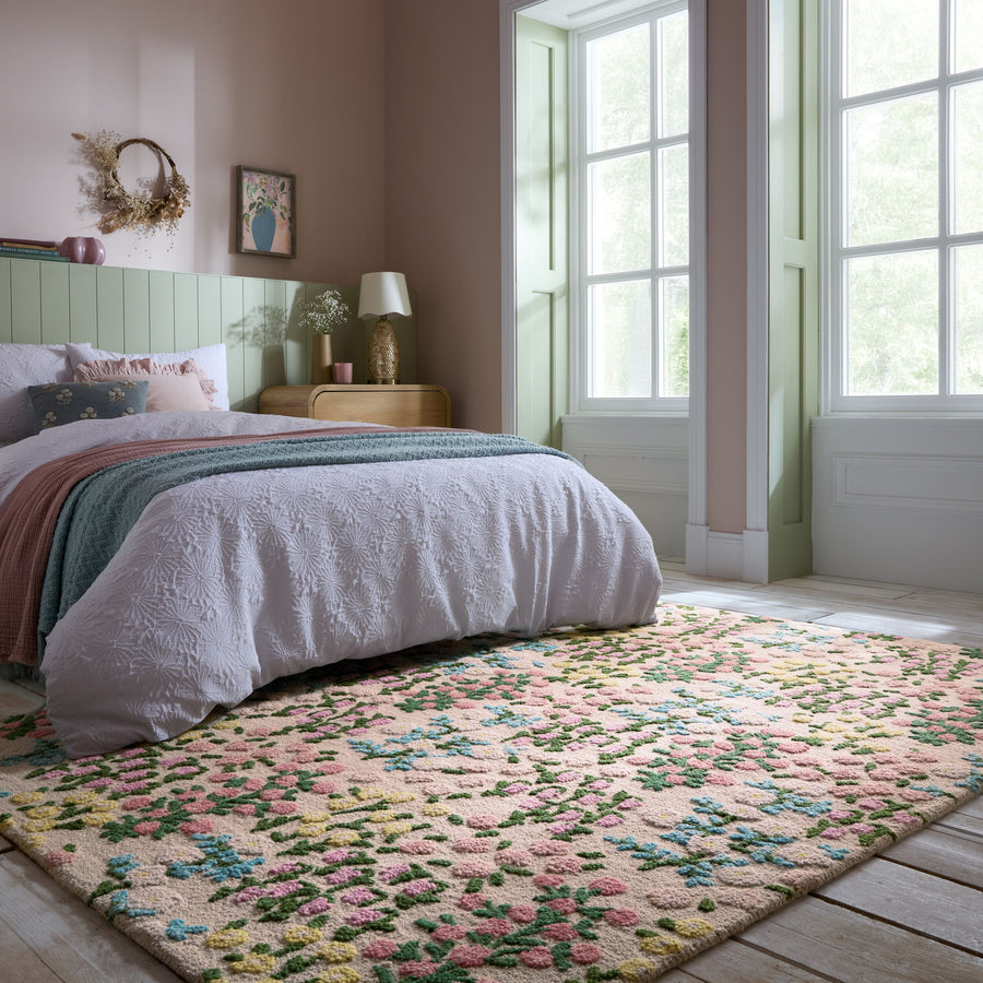 Wollteppich Floral Muster - Naturmotive - Schlafzimmer_Multicolor-Rosa_Rechteckig_