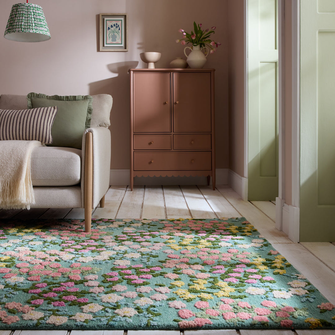 Wollteppich Floral Muster - Naturmotive - Schlafzimmer_Multicolor-Grün_Rechteckig_