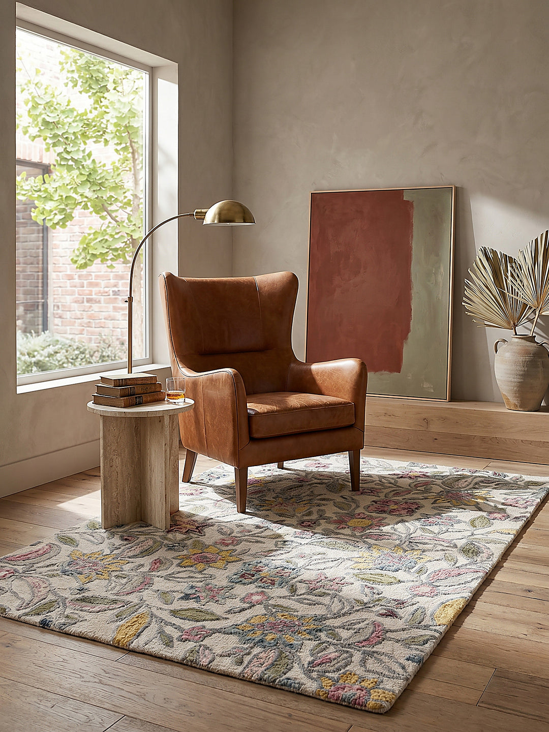Teppich Multicolor rechteckig im Wohnzimmer mit Couchtisch und Wohnaccessoires Wohnidee skandinavisch modern_
