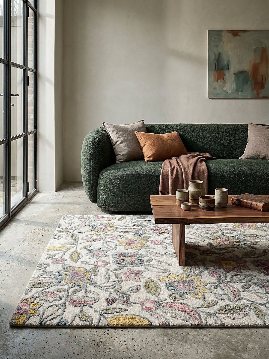Teppich Multicolor rechteckig Editorial Interior als Designobjekt drapiert hochwertige Wohnaccessoires_