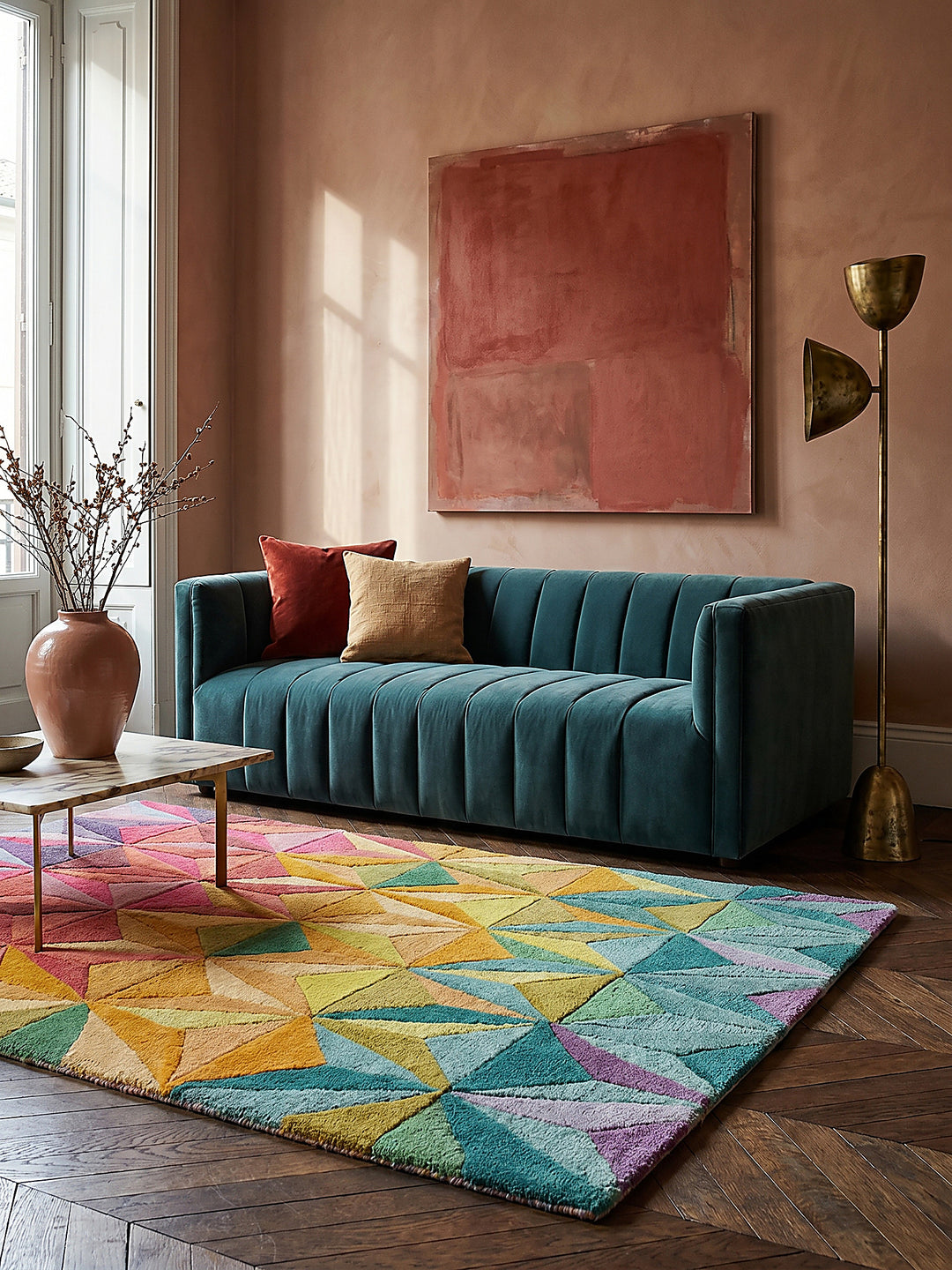 Teppich Multicolor rechteckig Editorial Interior als Designobjekt drapiert hochwertige Wohnaccessoires_
