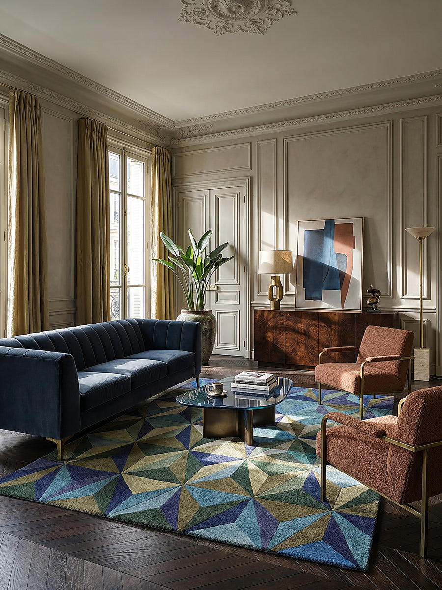 Teppich Blau-Grün rechteckig im Wohnzimmer mit Couchtisch und Wohnaccessoires Wohnidee skandinavisch modern_