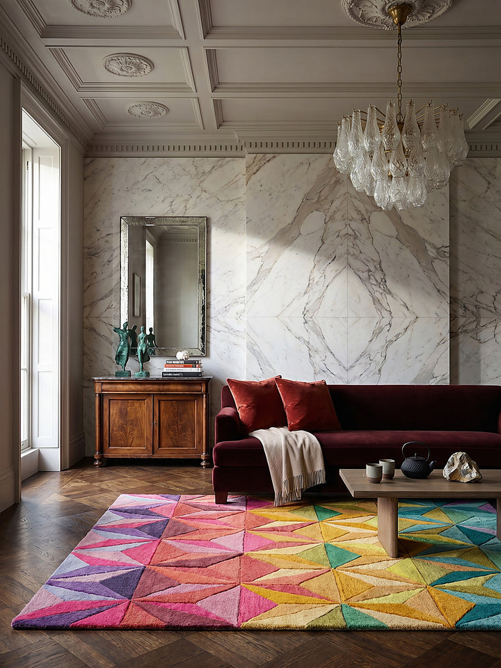 Teppich Multicolor rechteckig im Wohnzimmer mit Couchtisch und Wohnaccessoires Wohnidee skandinavisch modern_