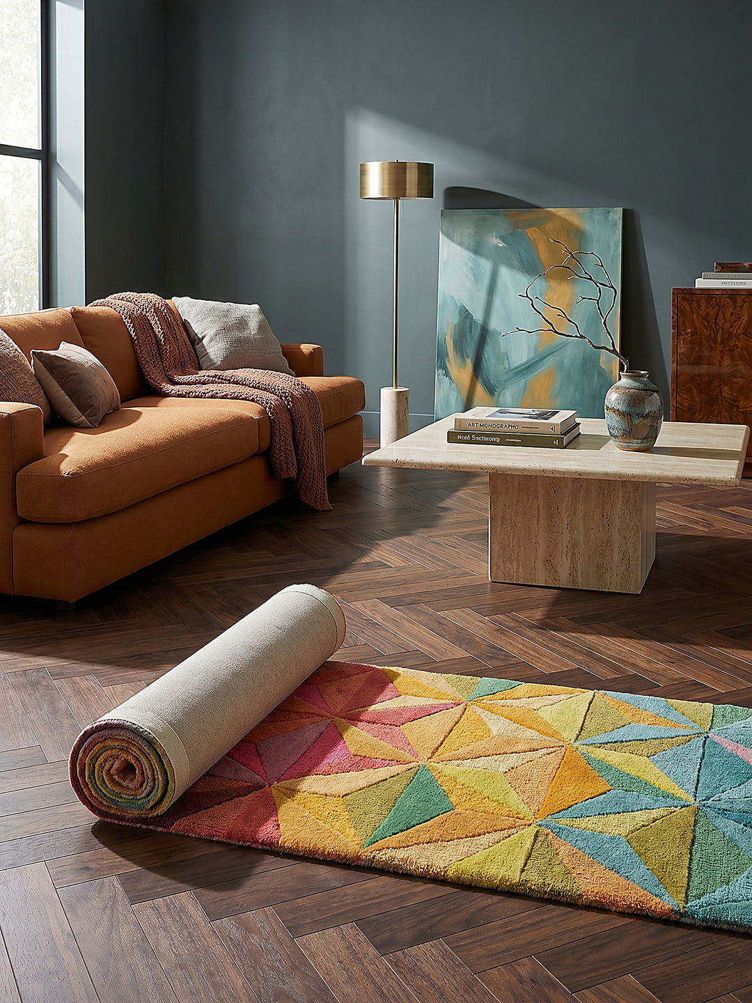 Teppich Multicolor Läufer Editorial Interior als Designobjekt drapiert hochwertige Wohnaccessoires_