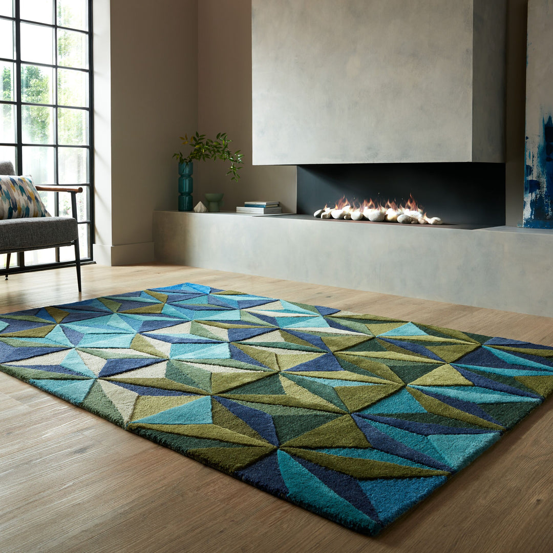 Wollteppich 3D Geometrisch - Wohnzimmer_Blau-Grün_Rechteckig_