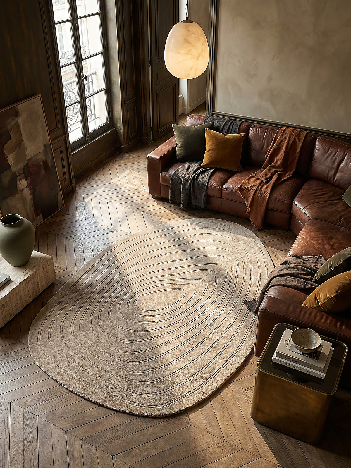 Teppich Beige oval Musteransicht von oben Designkollektion_