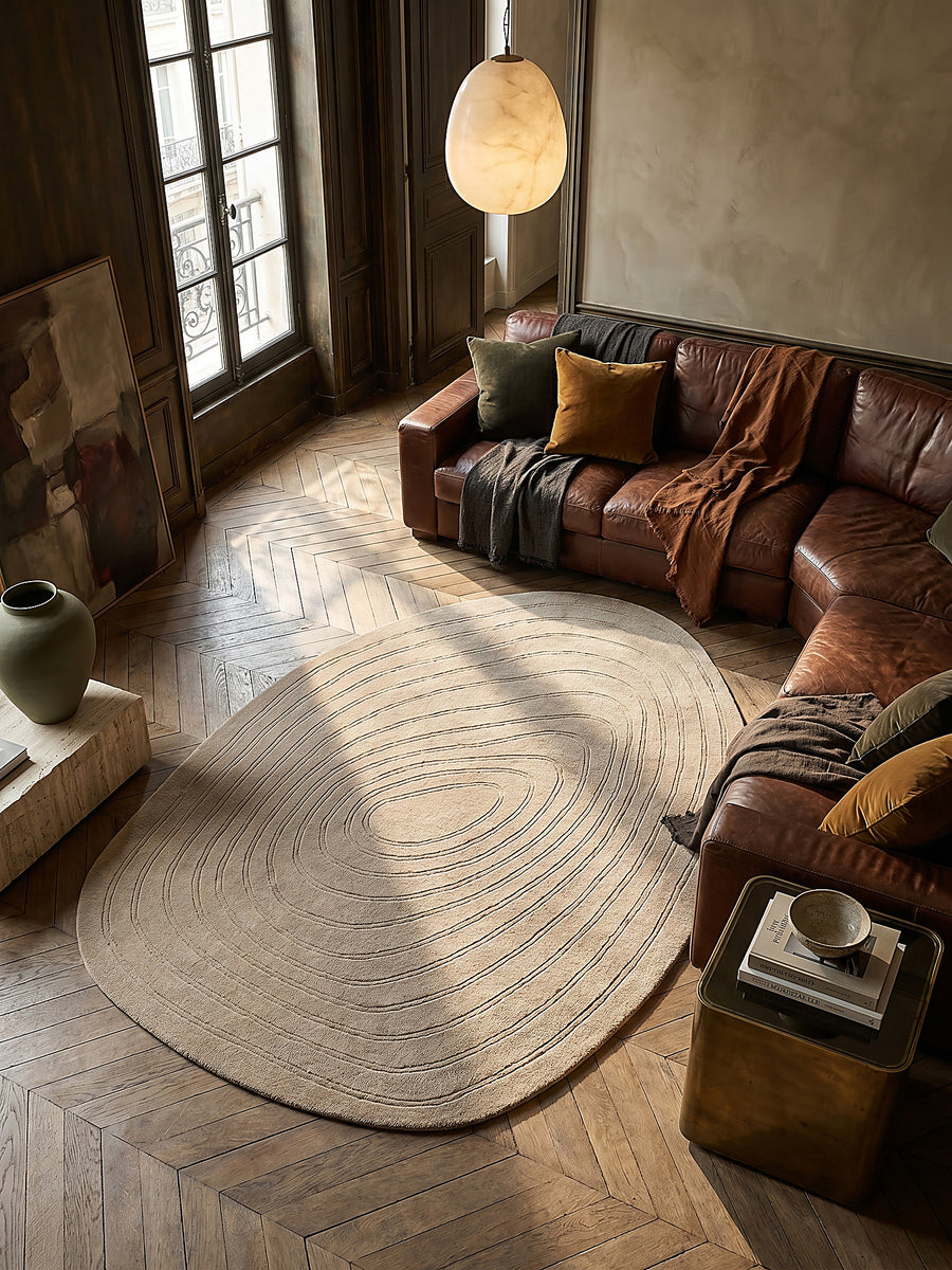 Teppich Beige oval Musteransicht von oben Designkollektion_