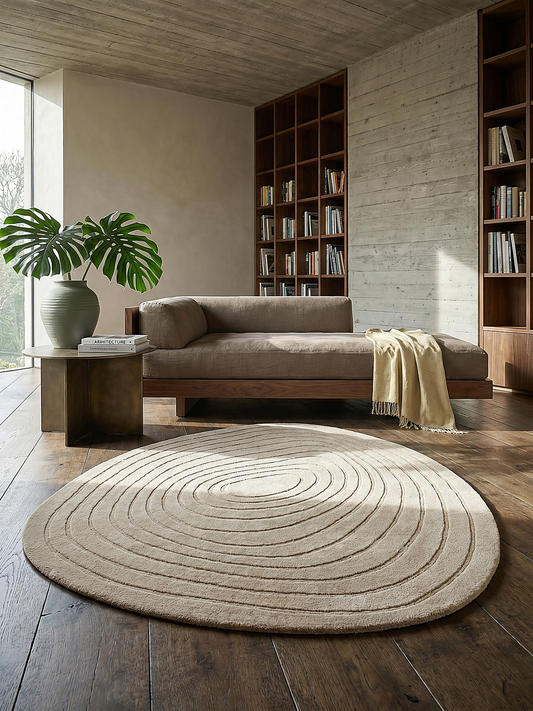 Teppich Beige oval Editorial Interior als Designobjekt drapiert hochwertige Wohnaccessoires_