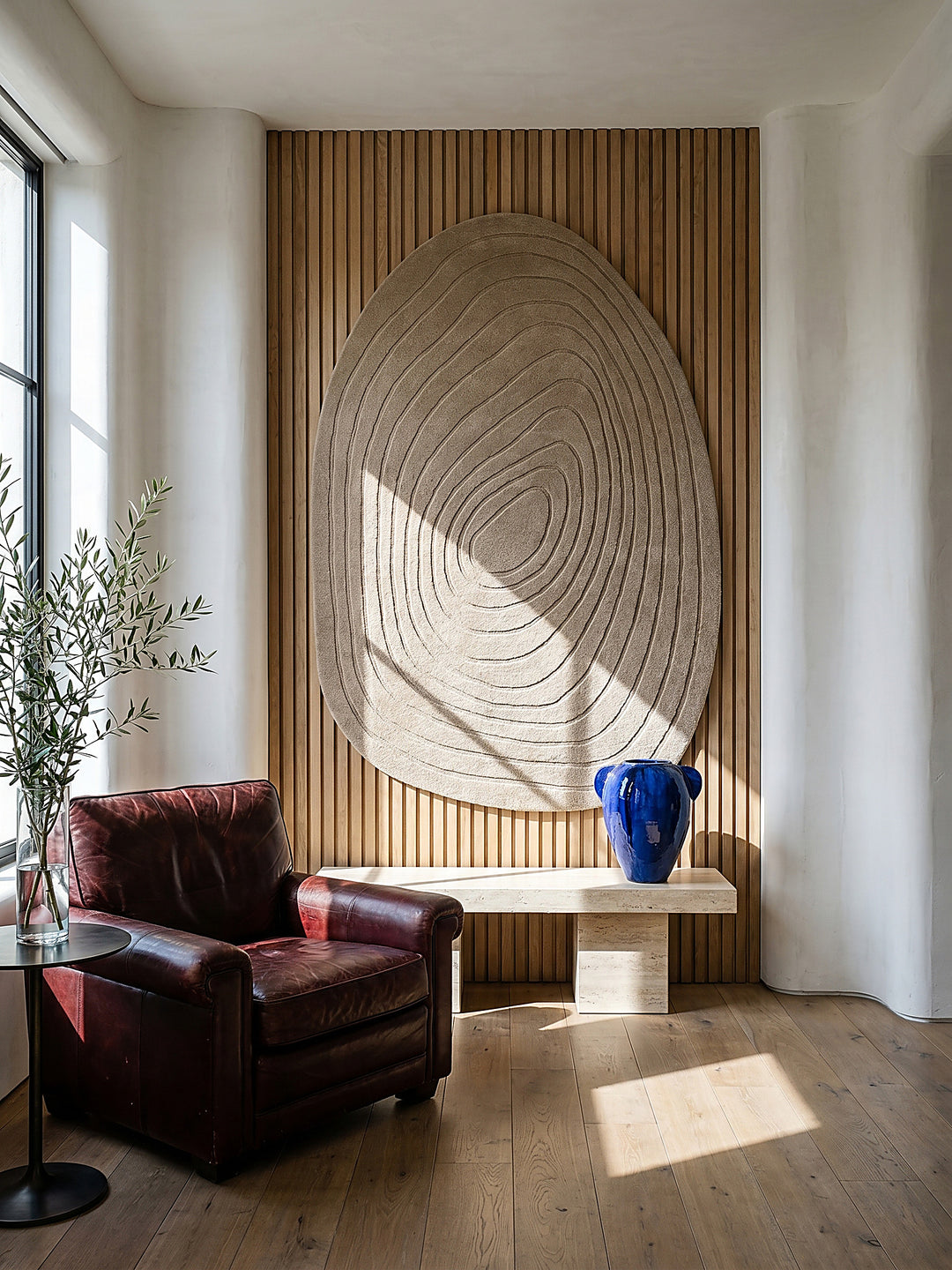 Teppich Beige oval als Wandteppich Wanddekoration Textilkunst Interior Design_