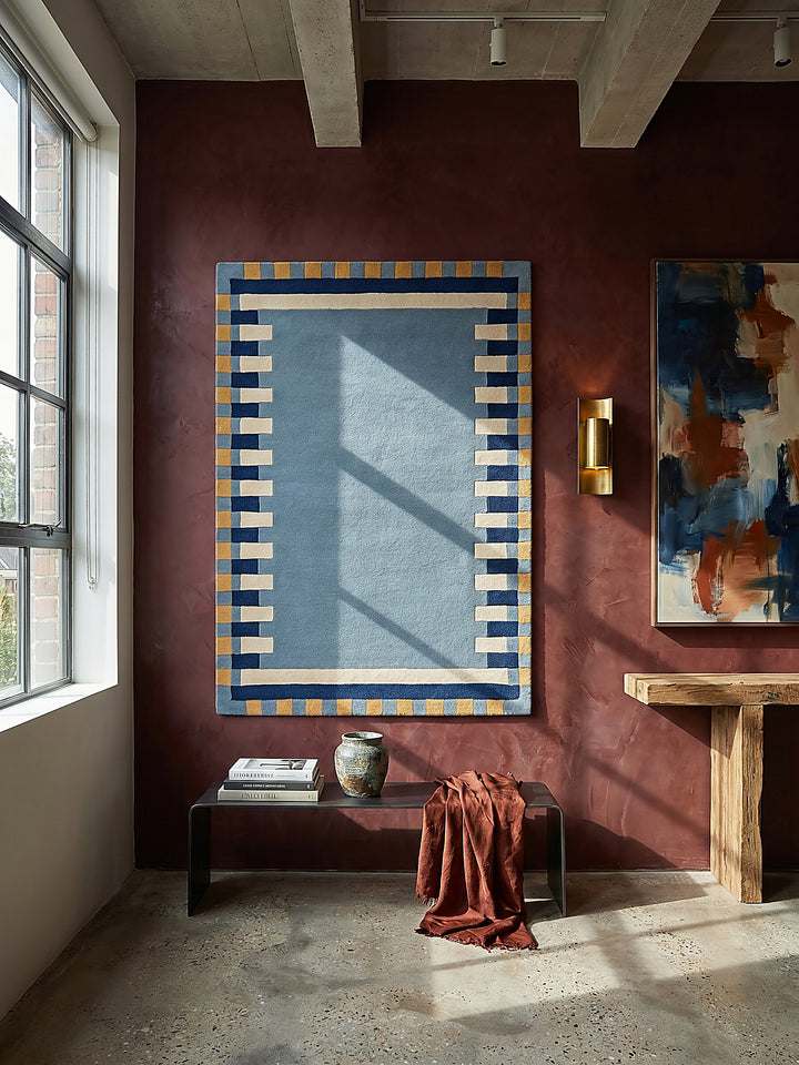 Teppich Blau-Gelb rechteckig als Wandteppich Wanddekoration Textilkunst Interior Design_