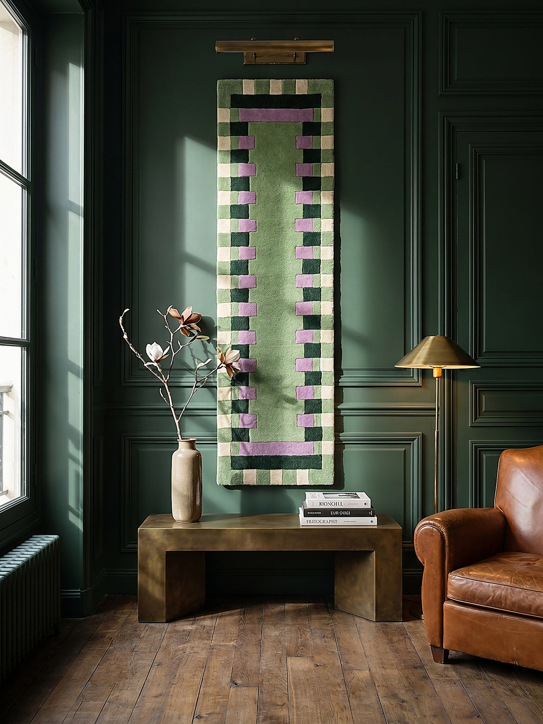 Teppich Grün-Lila Läufer als Wandteppich Wanddekoration Textilkunst Interior Design_