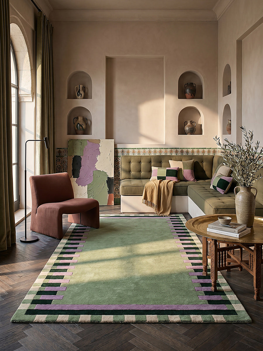 Teppich Grün-Lila rechteckig im modernen Wohnzimmer vor muted sage-green boiserie paneling Einrichtungsidee_