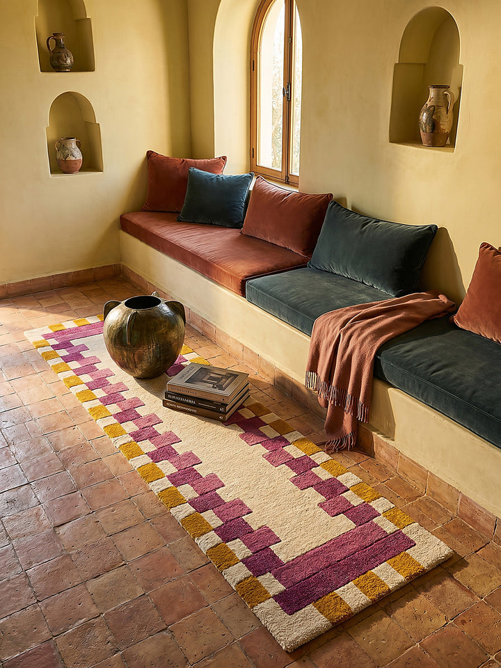Teppich Rosa-Gelb Läufer im Wohnzimmer mit Couchtisch und Wohnaccessoires Wohnidee skandinavisch modern_