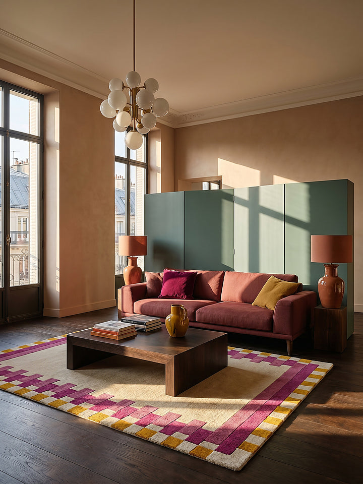 Teppich Rosa-Gelb rechteckig im modernen Wohnzimmer Einrichtungsidee_