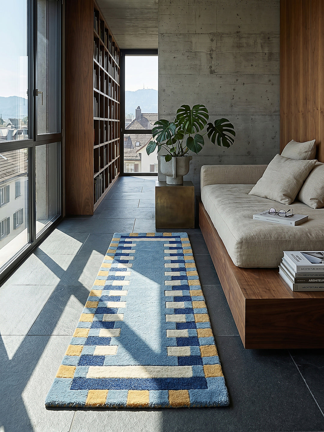Teppich Blau-Gelb Läufer Editorial Interior als Designobjekt drapiert hochwertige Wohnaccessoires_