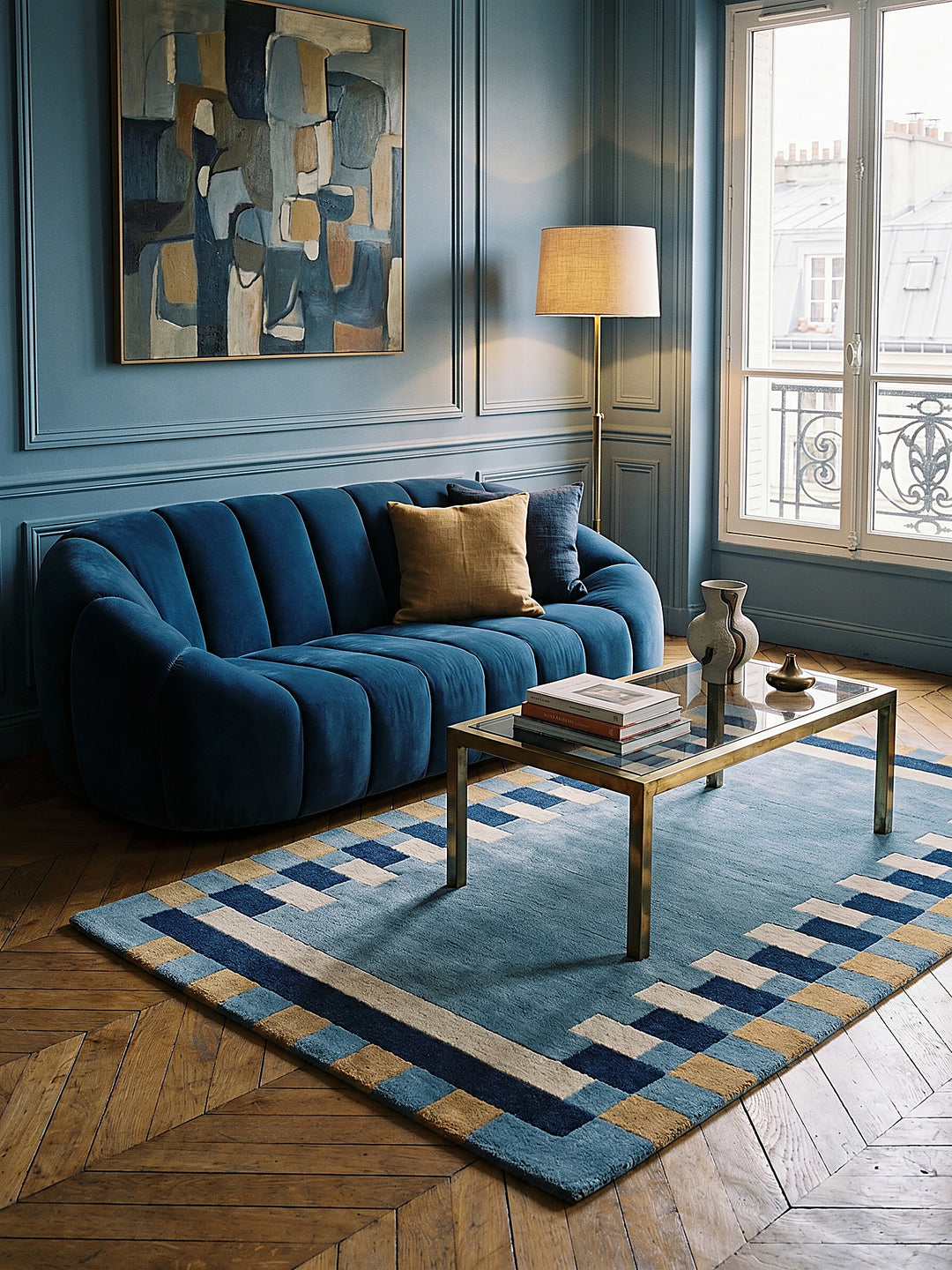 Teppich Blau-Gelb Läufer als Wandteppich Wanddekoration Textilkunst Interior Design_