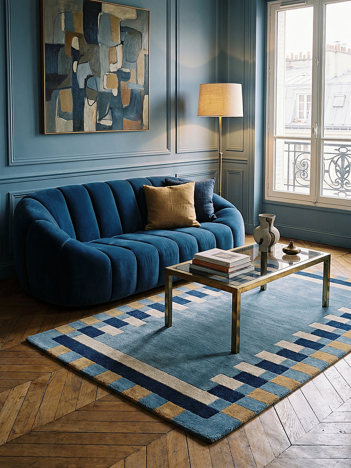 Teppich Blau-Gelb Läufer als Wandteppich Wanddekoration Textilkunst Interior Design_