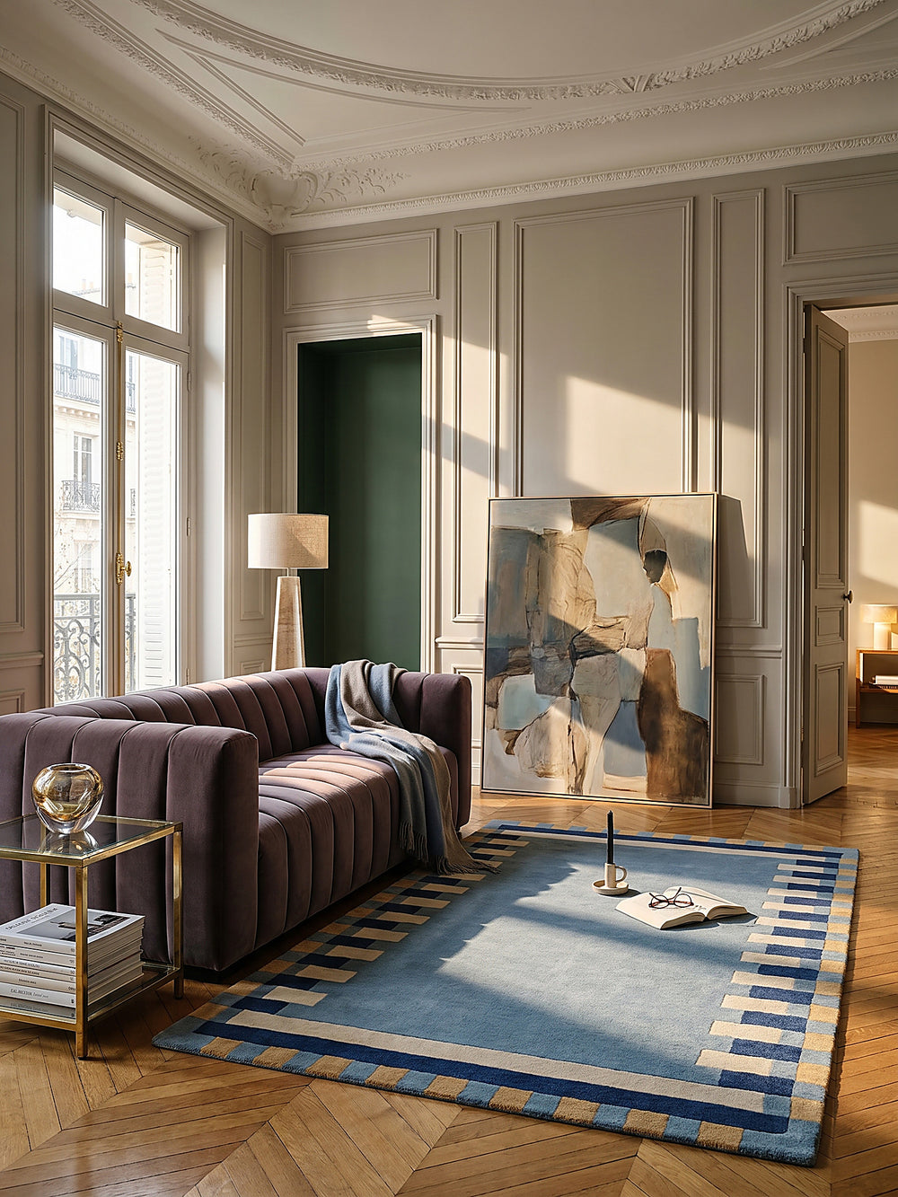 Teppich Blau-Gelb rechteckig im modernen Wohnzimmer Einrichtungsidee_