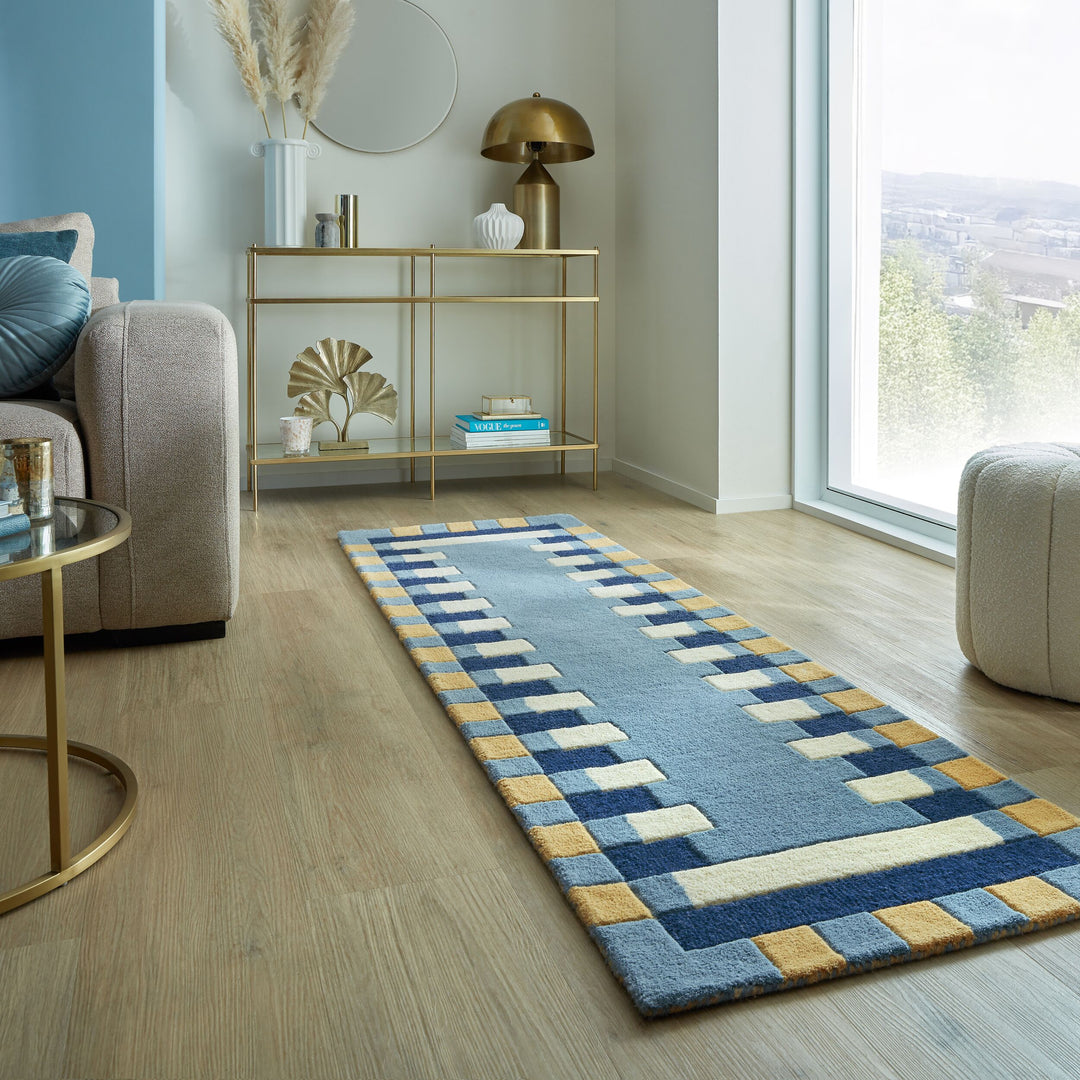 Wollteppich Geometrisch - Rahmen - Wohnzimmer schmutzabweisend_Blau-Gelb_Läufer_