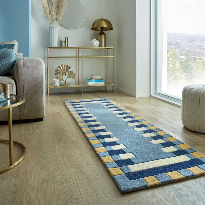 Wollteppich Geometrisch - Rahmen - Wohnzimmer schmutzabweisend_Blau-Gelb_Läufer_