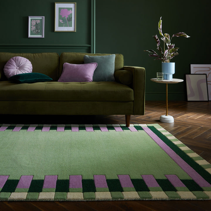 Wollteppich Geometrisch - Rahmen - Wohnzimmer schmutzabweisend_Grün-Lila_Rechteckig_