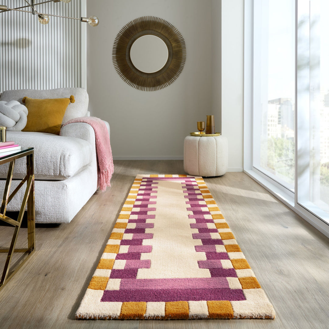 Wollteppich Geometrisch - Rahmen - Wohnzimmer schmutzabweisend_Rosa-Gelb_Läufer_