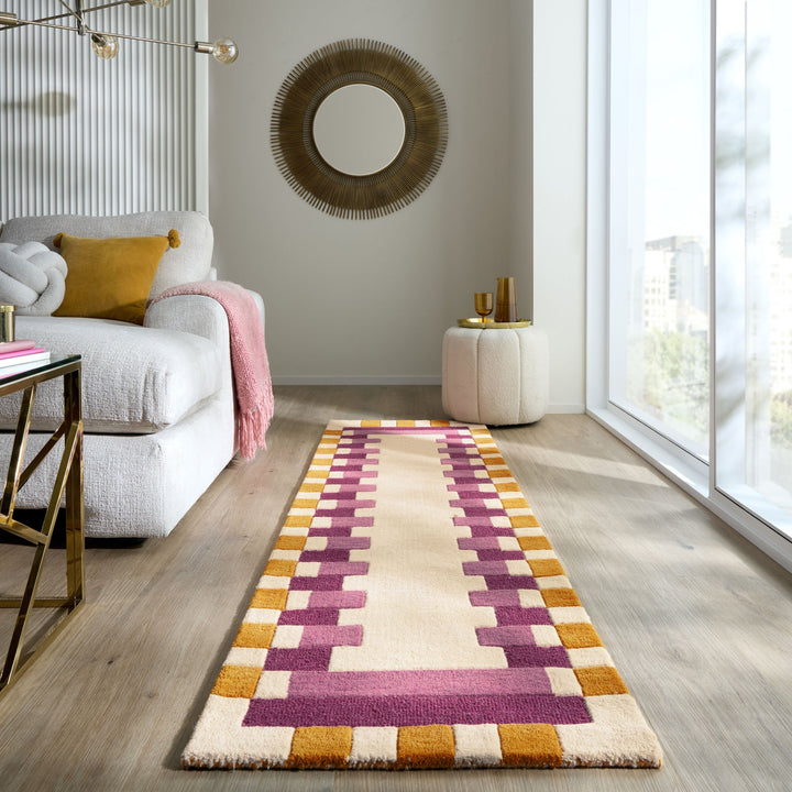 Wollteppich Geometrisch - Rahmen - Wohnzimmer schmutzabweisend_Rosa-Gelb_Läufer_
