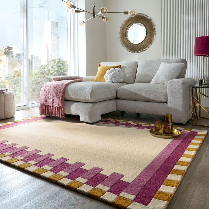 Wollteppich Geometrisch - Rahmen - Wohnzimmer schmutzabweisend_Rosa-Gelb_Rechteckig_
