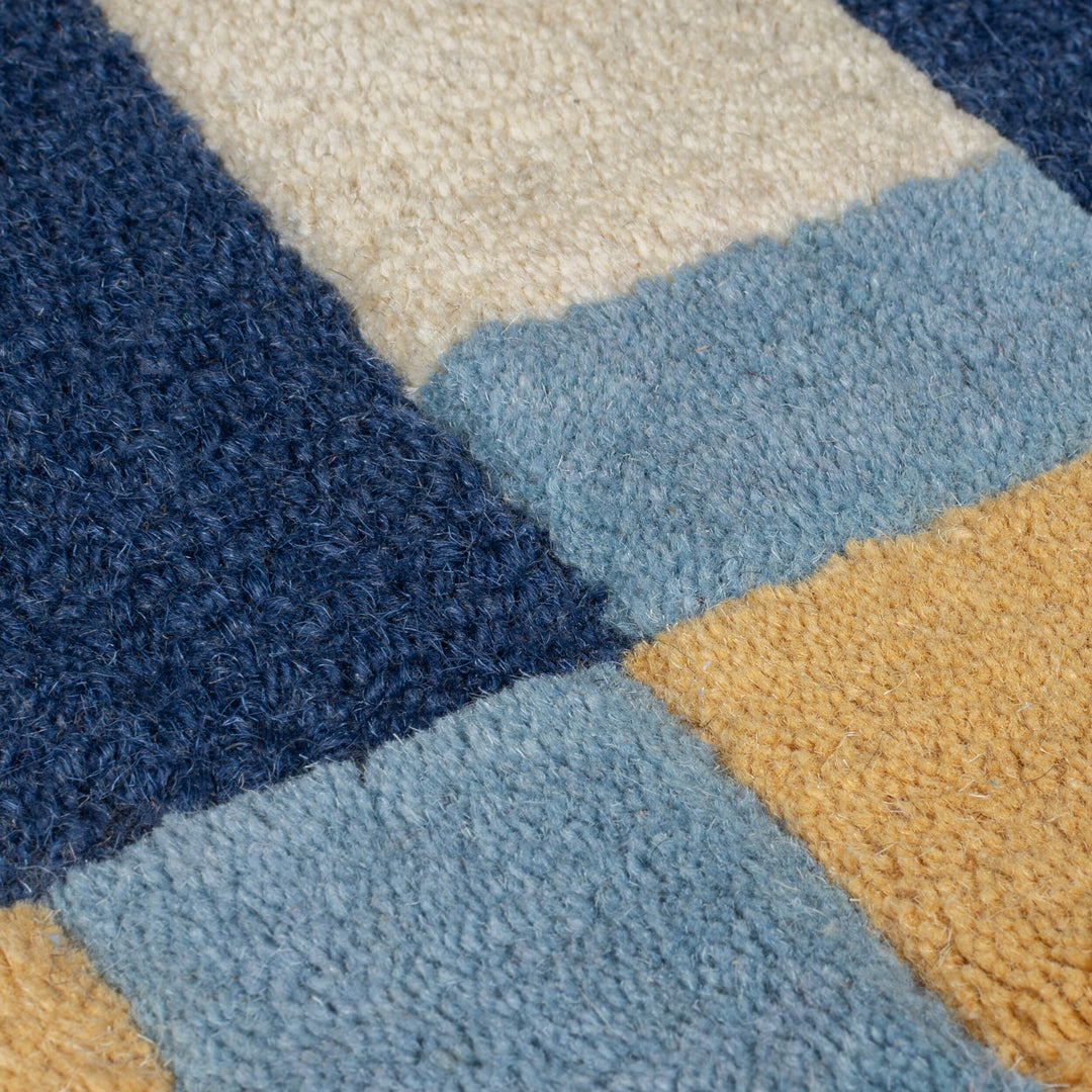 Wollteppich Geometrisch - Rahmen - Wohnzimmer schmutzabweisend_Blau-Gelb_Läufer_