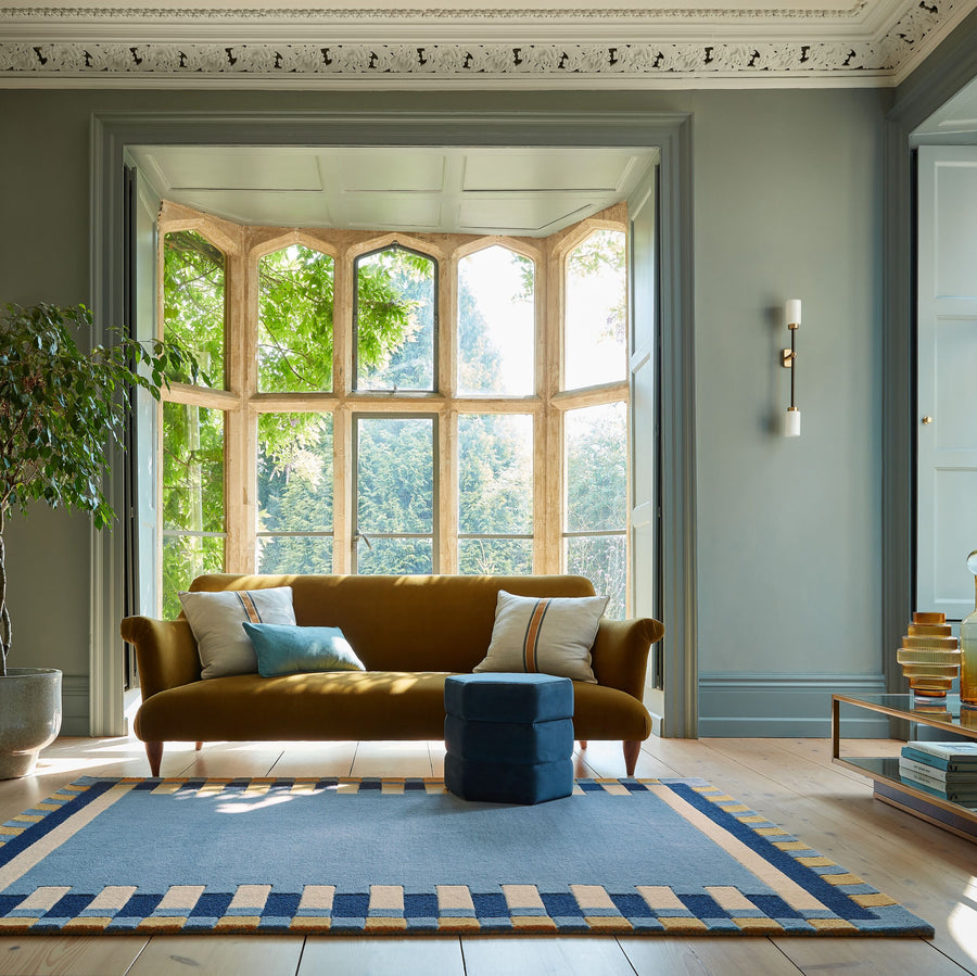 Wollteppich Geometrisch - Rahmen - Wohnzimmer schmutzabweisend_Blau-Gelb_Rechteckig_