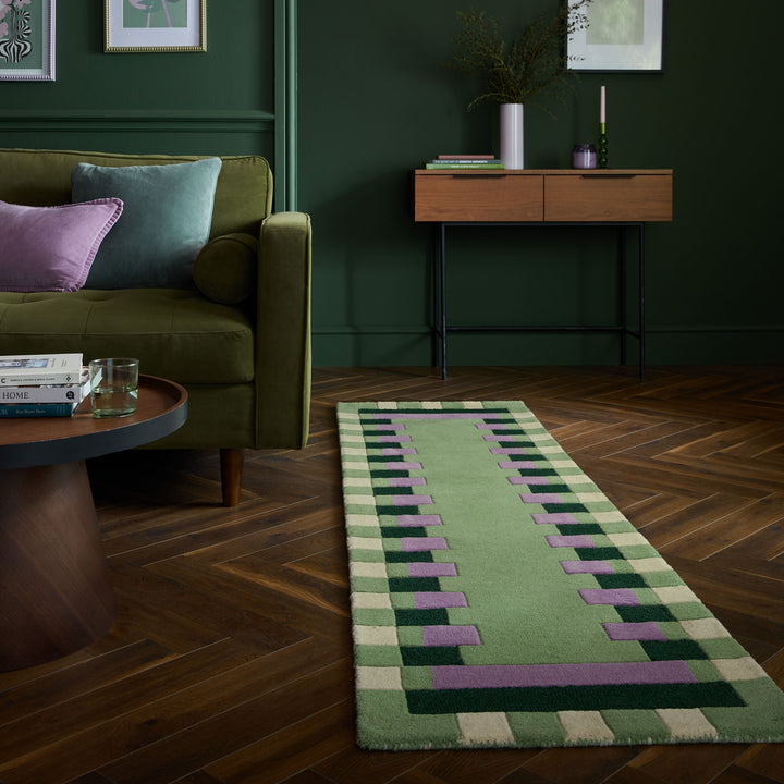 Wollteppich Geometrisch - Rahmen - Wohnzimmer schmutzabweisend_Grün-Lila_Läufer_