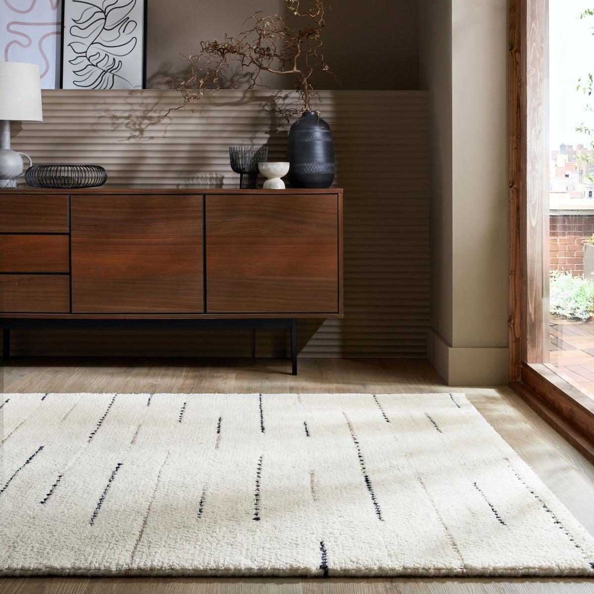 Wollteppich Linienstreifen Muster - Streifen - Wohnzimmer Beige-Schwarz Rechteckig