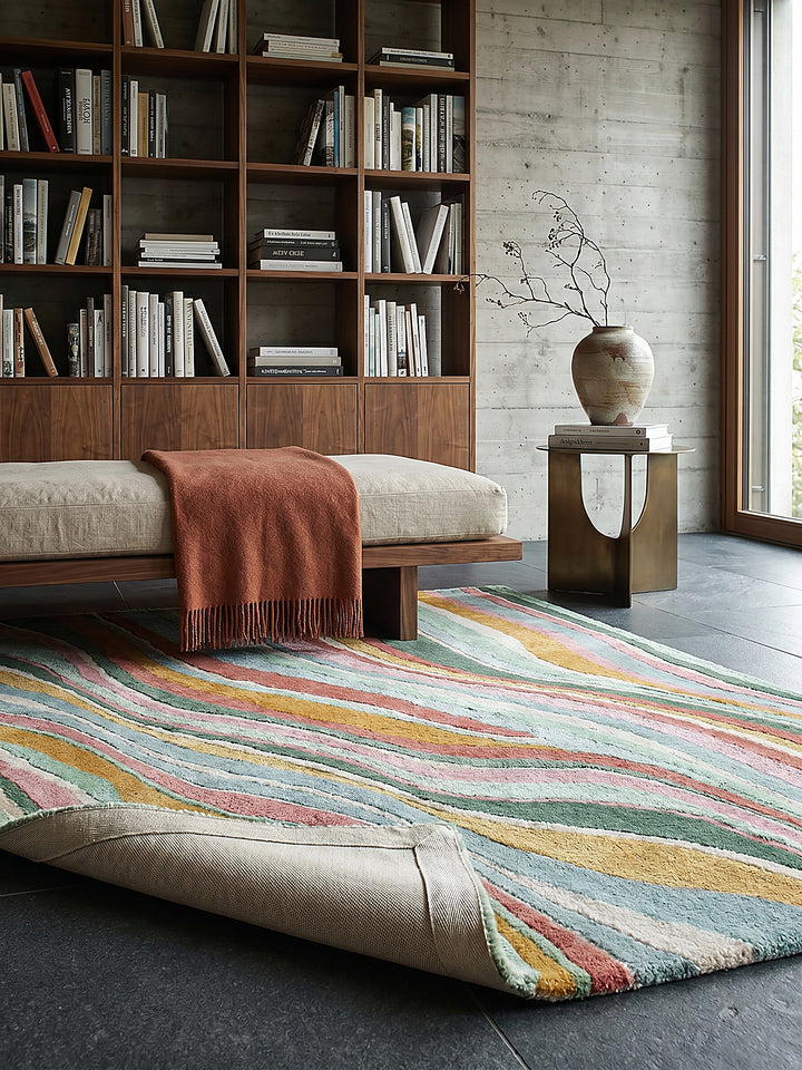 Teppich Multicolor-Grün rechteckig Editorial Interior als Designobjekt drapiert hochwertige Wohnaccessoires_