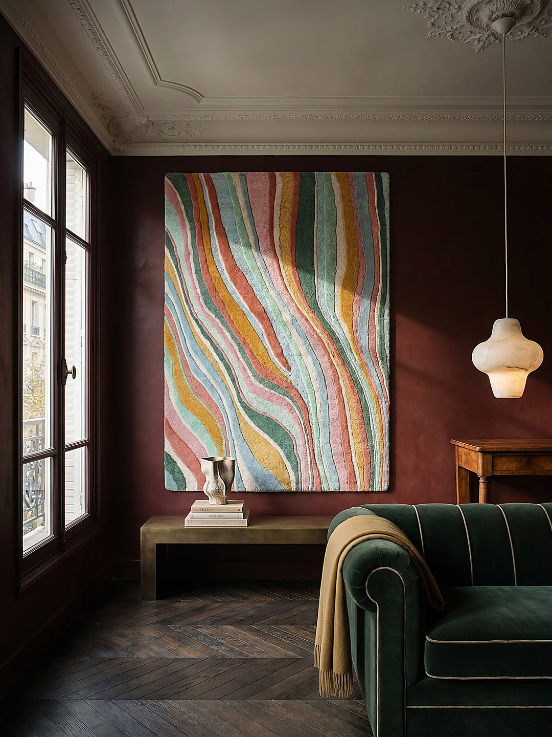 Teppich Multicolor-Grün rechteckig als Wandteppich Wanddekoration Textilkunst Interior Design_