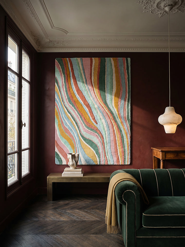 Teppich Multicolor-Grün rechteckig als Wandteppich Wanddekoration Textilkunst Interior Design_