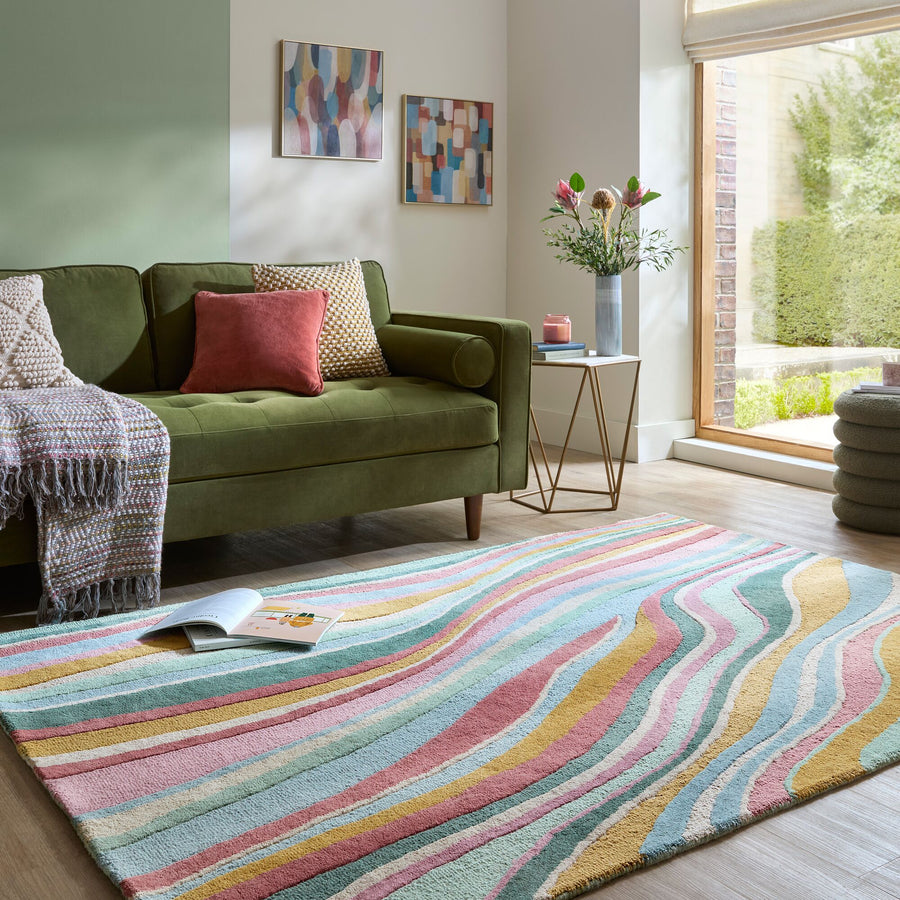 Wollteppich Wellen Muster - Abstrakt - Wohnzimmer_Multicolor-Grün_Rechteckig_