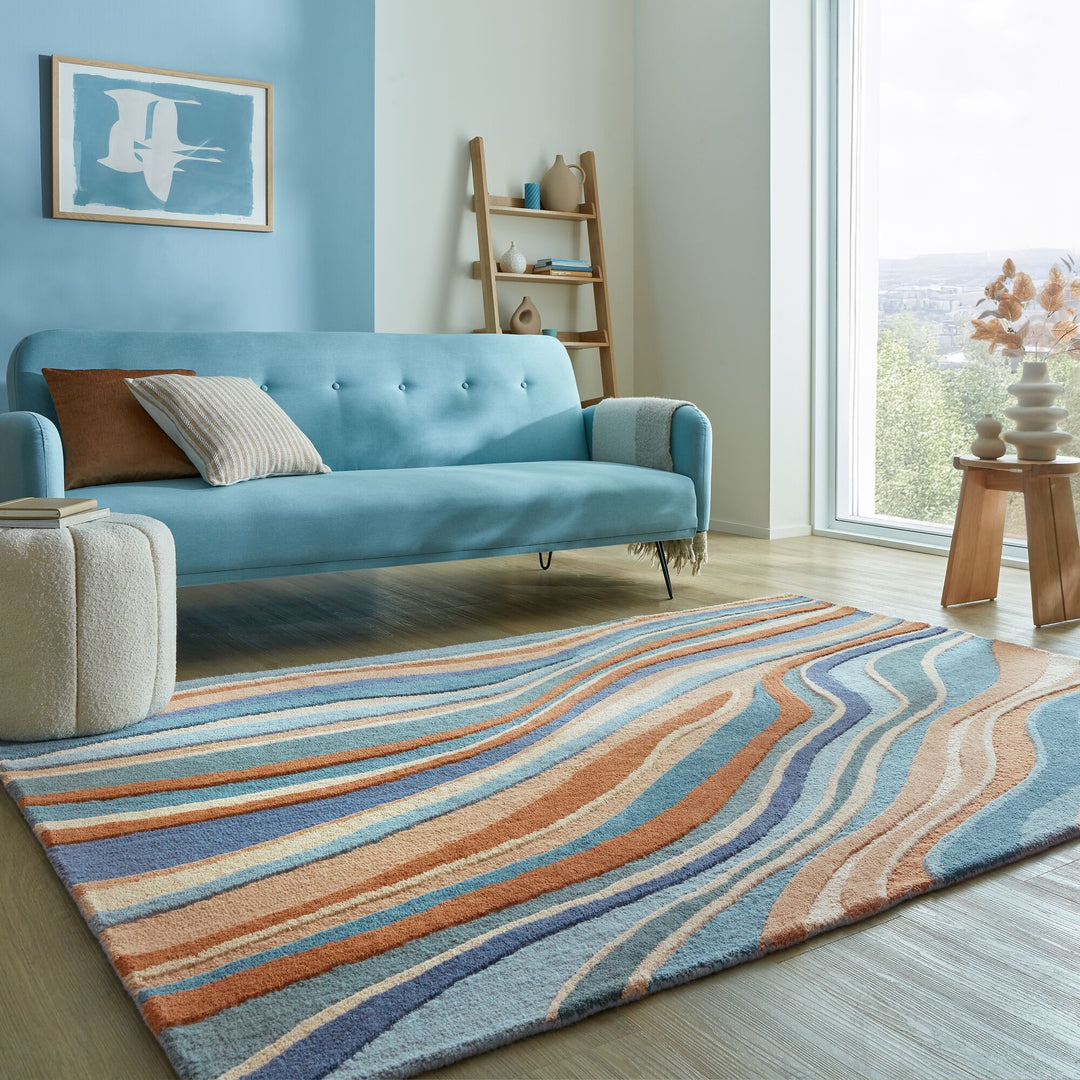 Wollteppich Wellen Muster - Abstrakt - Wohnzimmer_Multicolor-Blau_Rechteckig_