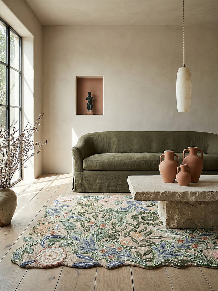 Teppich Grün rechteckig Editorial Interior als Designobjekt drapiert hochwertige Wohnaccessoires_