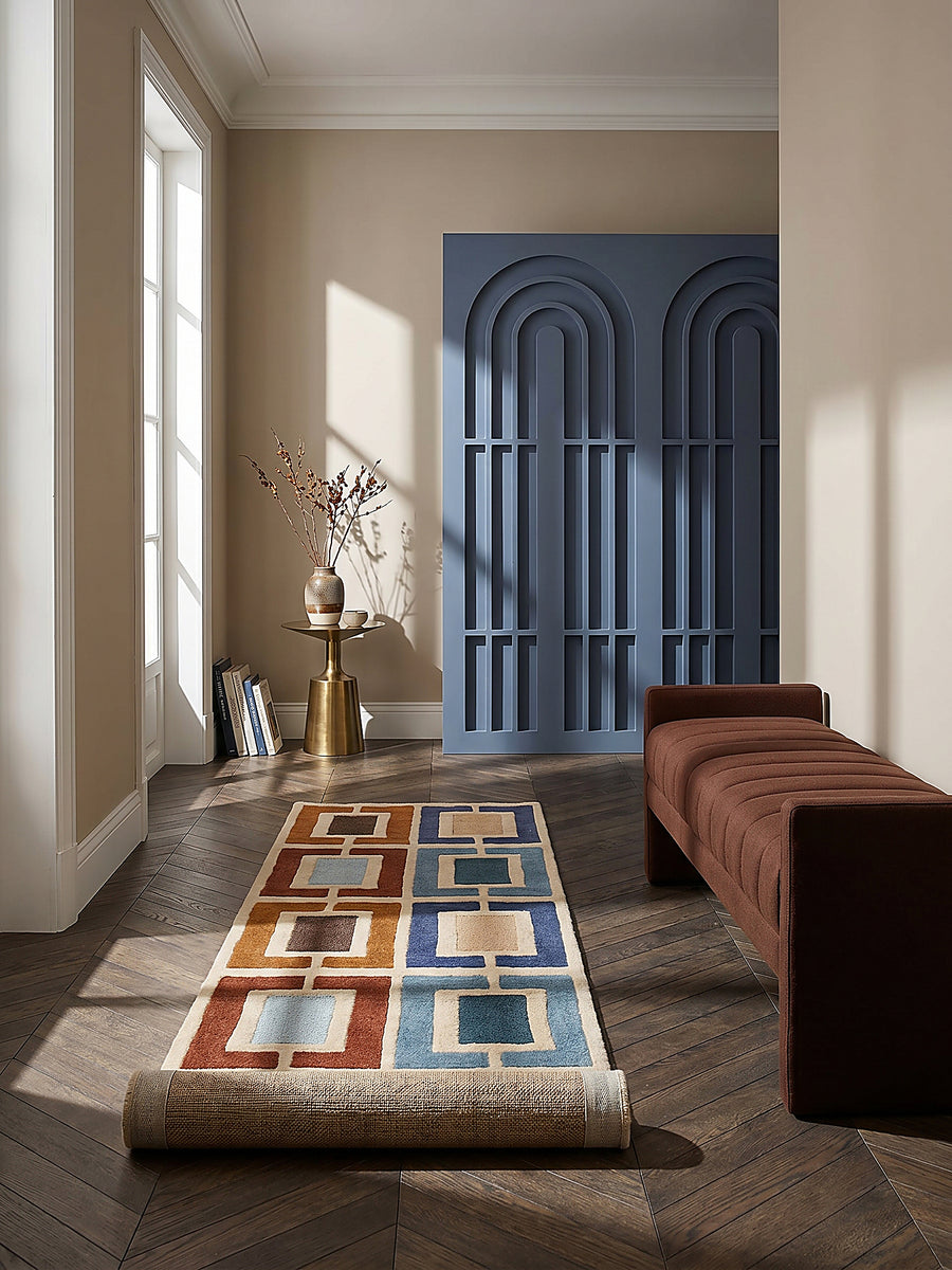 Teppich Multicolor-Blau Läufer Editorial Interior als Designobjekt drapiert hochwertige Wohnaccessoires_