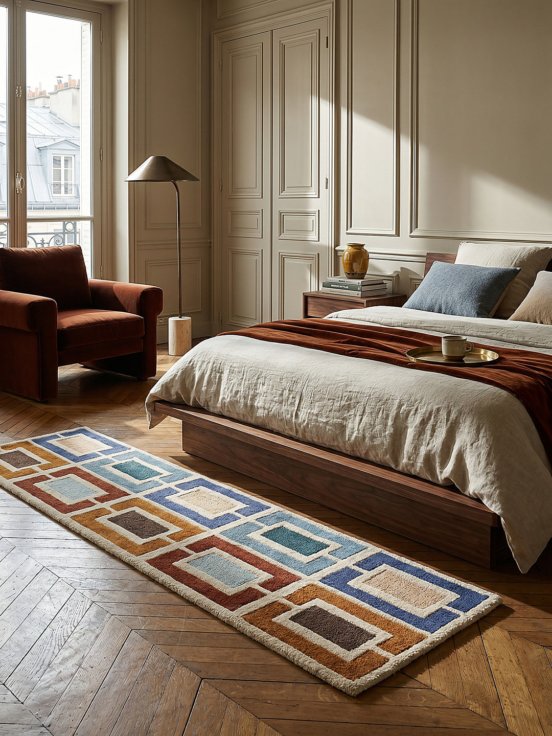 Teppich Multicolor-Blau Läufer im Wohnzimmer mit Couchtisch und Wohnaccessoires Wohnidee skandinavisch modern_