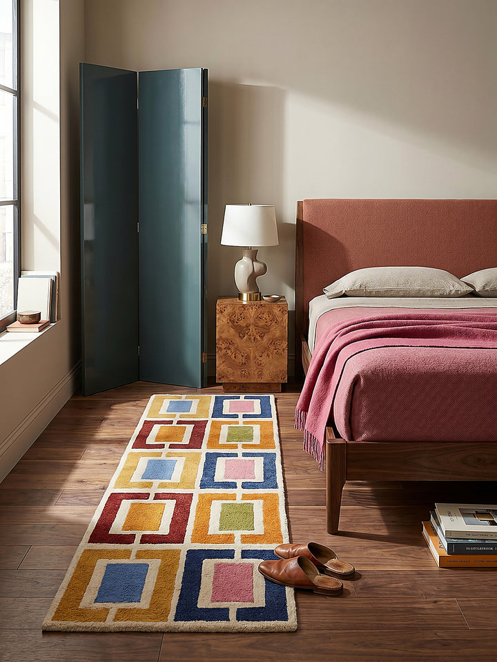 Teppich Multicolor-Orange Läufer im Wohnzimmer mit Couchtisch und Wohnaccessoires Wohnidee skandinavisch modern_