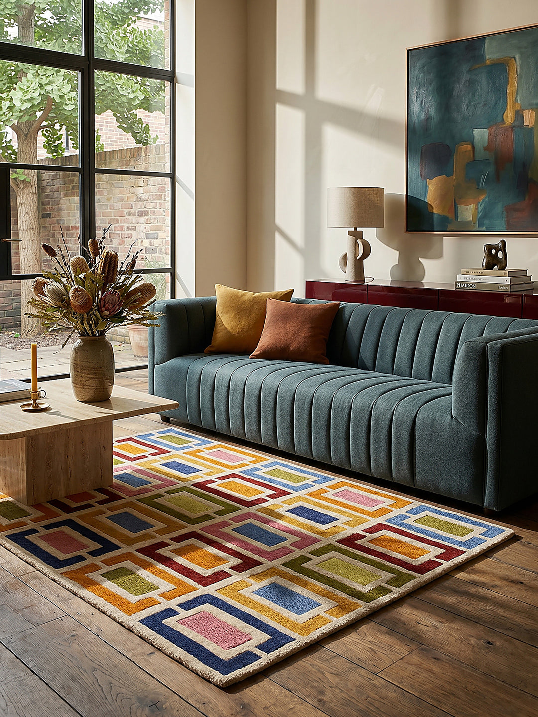 Teppich Multicolor-Orange rechteckig im modernen Wohnzimmer Einrichtungsidee_