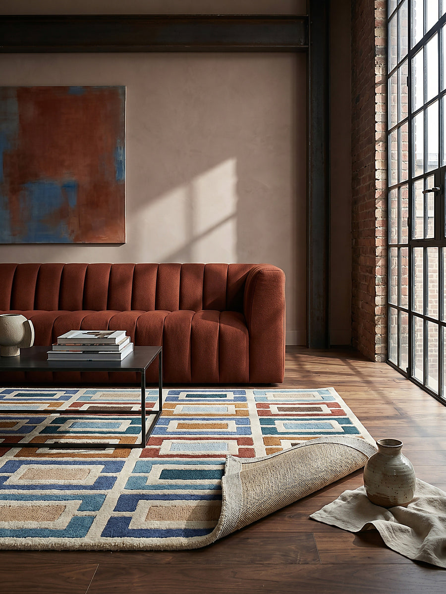 Teppich Multicolor-Blau rechteckig Editorial Interior als Designobjekt drapiert hochwertige Wohnaccessoires_