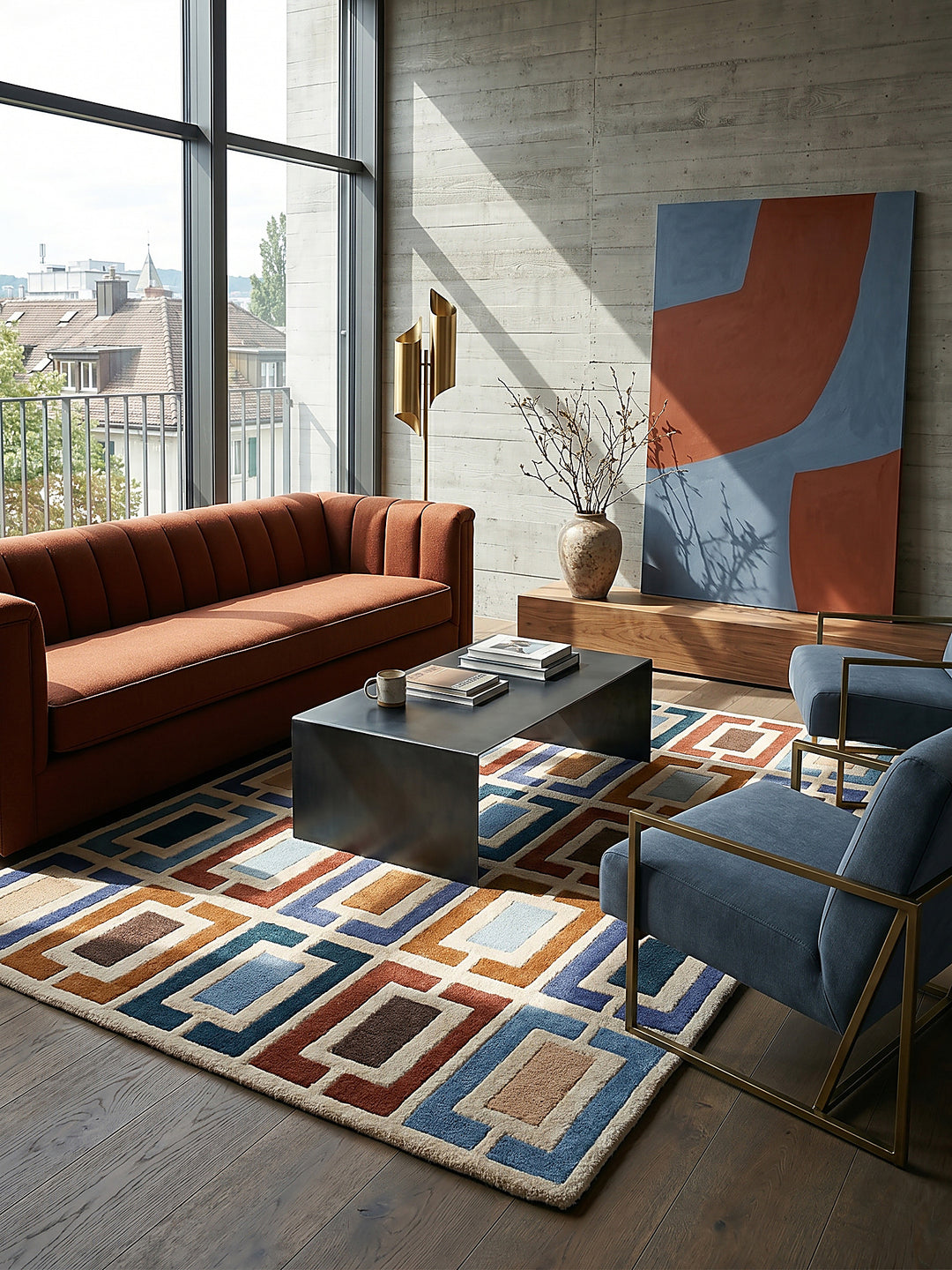 Teppich Multicolor-Blau rechteckig im modernen Wohnzimmer vor warm architectural concrete 