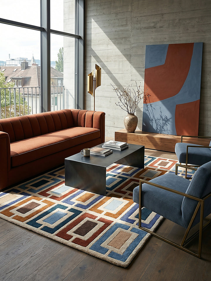 Teppich Multicolor-Blau rechteckig im modernen Wohnzimmer vor warm architectural concrete 