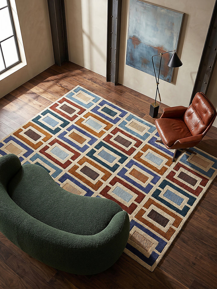 Teppich Multicolor-Blau rechteckig Musteransicht von oben Designkollektion_
